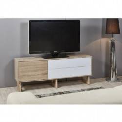 Meuble TV en bois - Flam - L 160 x l 39,6 x H 61 cm - Blanc et chêne clair