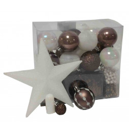 Kit de 44 décorations pour sapin - Taupe et blanc - Guirlandes, boules et cimier