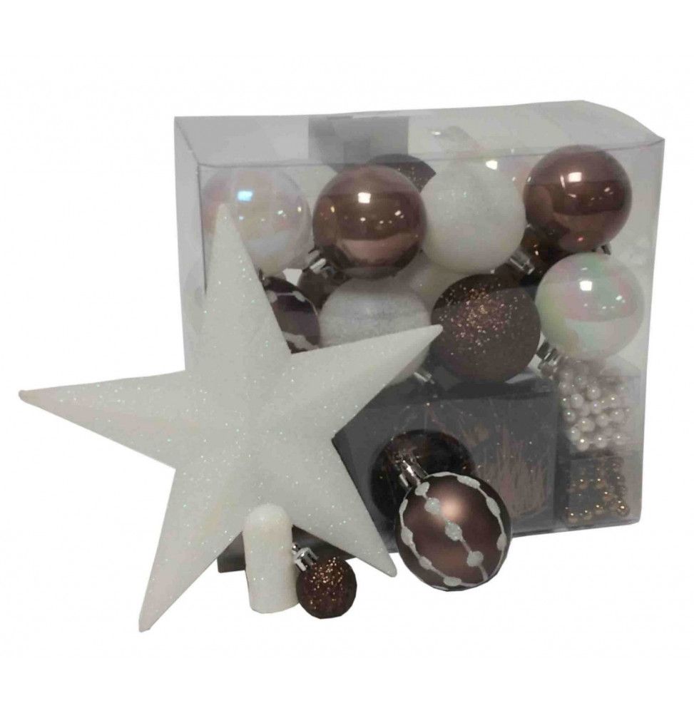 Kit de 44 décorations pour sapin - Taupe et blanc - Guirlandes, boules et cimier