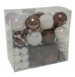 Kit de 44 décorations pour sapin - Taupe et blanc - Guirlandes, boules et cimier