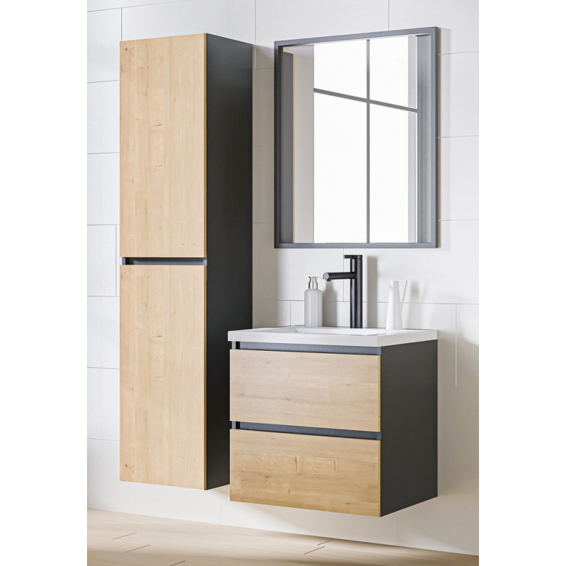 Ensemble meuble vasque + Miroir + Grande armoire - 60 cm - Monako Grey Oak