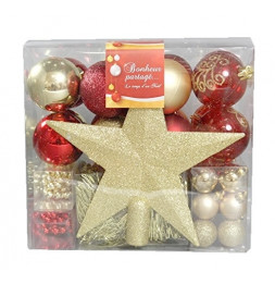 Kit de 44 décorations pour sapin - Rouge et or - Guirlandes, boules et cimier