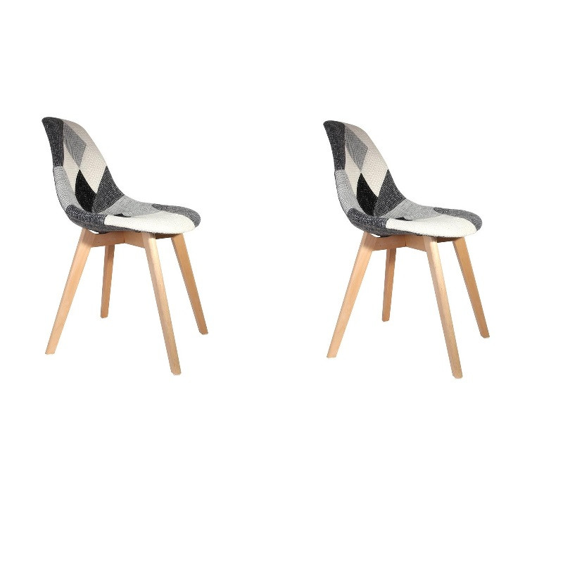 Lot de 2 Chaises Patchwork Noir et Blanc | H 85 x P 54 x L 46,50 cm | Pieds en bois brut | Design Scandinave