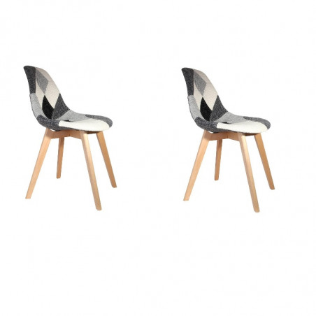 Lot de 2 Chaises Patchwork Noir et Blanc | H 85 x P 54 x L 46,50 cm | Pieds en bois brut | Design Scandinave