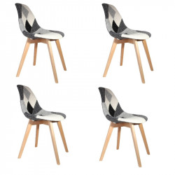 Lot de 4 Chaises Patchwork Noir et Blanc | H 85 x P 54 x L 46,50 cm | Pieds en bois brut | Design Scandinave