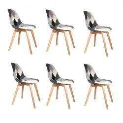 Lot de 6 Chaises Patchwork Noir et Blanc | H 85 x P 54 x L 46,50 cm | Pieds en bois brut | Design Scandinave