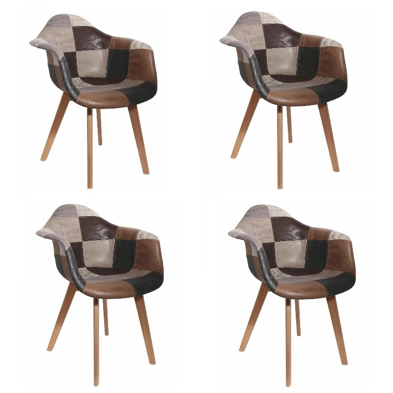 Lot de 4 Fauteuils Cuir Synthétique| Scandinave Patchwork Marron et Gris |H 84 x P 59 x L 62 cm| Multicouleurs