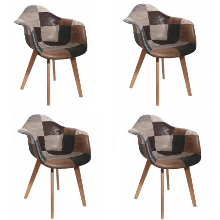 Lot de 4 Fauteuils Cuir Synthétique| Scandinave Patchwork Marron et Gris |H 84 x P 59 x L 62 cm| Multicouleurs