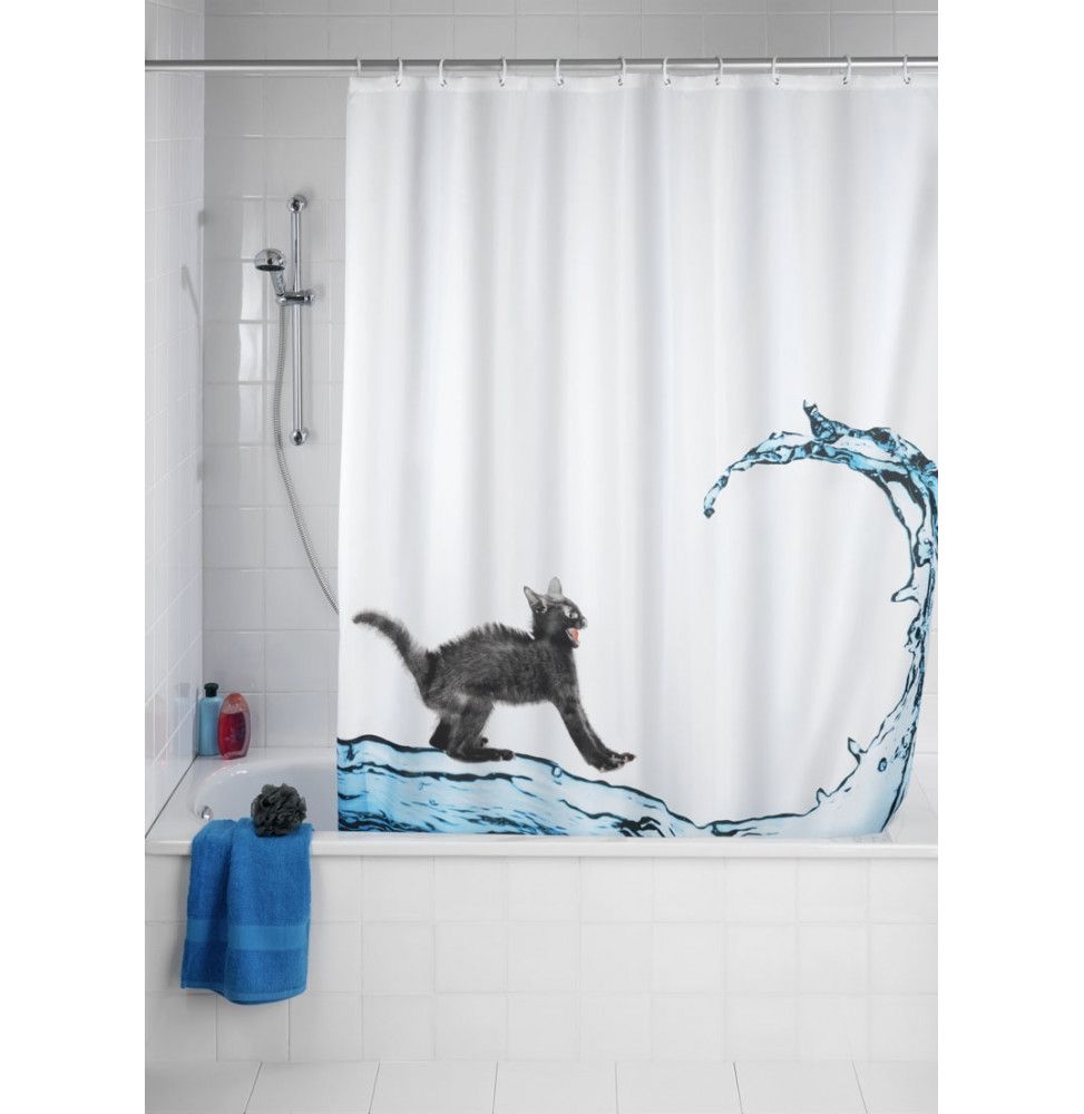 Rideau de douche blanc anti-moisissure - Wenko - design chat