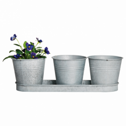Lot de 3 pots à fleurs avec soucoupe en zinc patiné - 11,1 x 32,8 x 10,5 cm - Gris