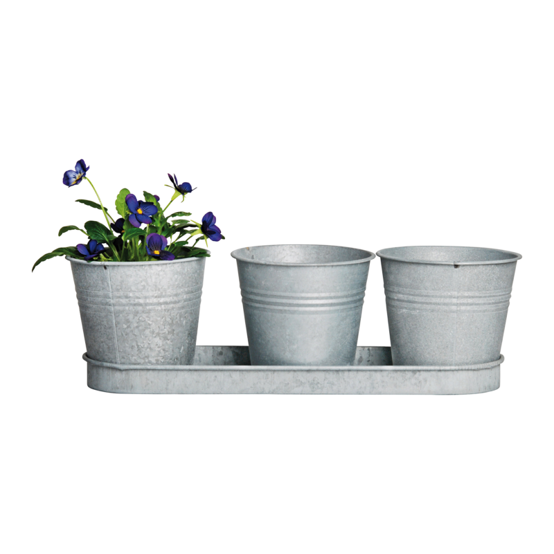 Lot de 3 pots à fleurs avec soucoupe en zinc patiné - 11,1 x 32,8 x 10,5 cm - Gris