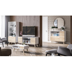 Meuble TV - Vero - L 150 cm - Blanc et façades couleur hêtre