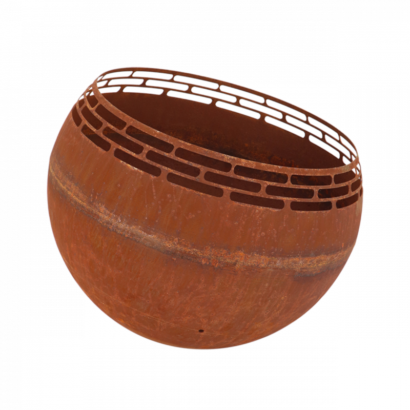 Brasero boule décor bandes - Collecteur de cendres - D 58 x H 46,5 cm - Métal rouillé