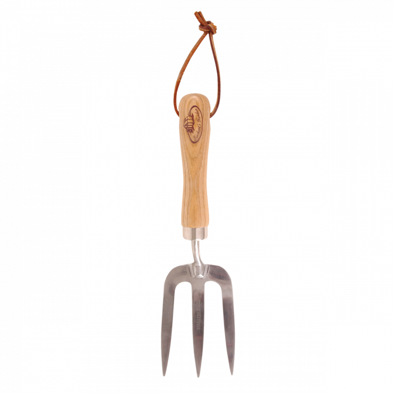 Fourche à récolte inoxydable - L 29,9 cm - Acier inoxydable, bois de frêne, noeud en cuir