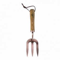 Fourche de jardinage plaquée cuivre - L 28,3 cm - Frêne, acier et cuir - Rateau à mains