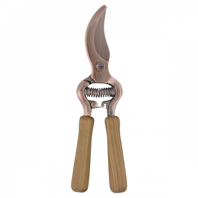 Sécateur plaqué cuivré ergonomique et verouillable - L 6,2 x P 2,1 x H 20,5 cm - Bois de frêne, acier au carbone