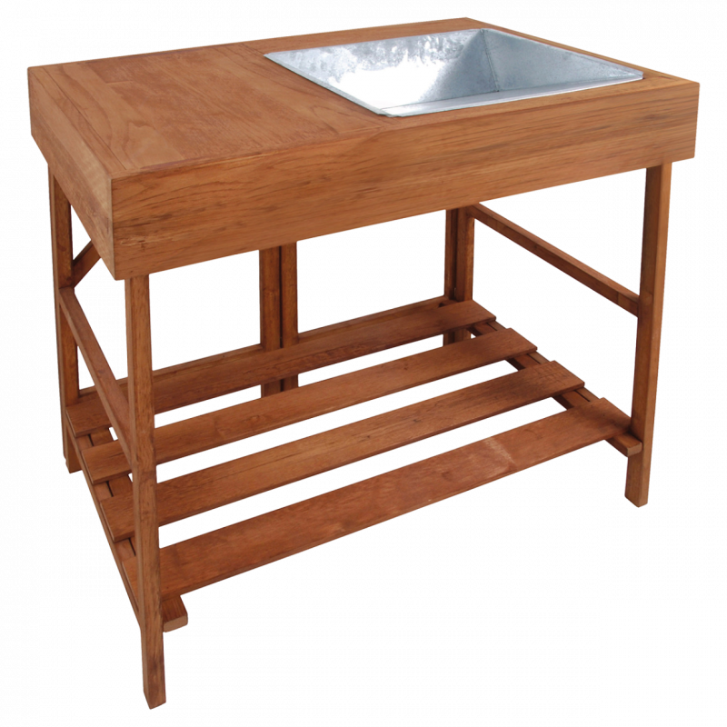 Table à rempoter en bois avec bac en zinc - 75 x 58 x H 89 cm - Bois d'eucalytus