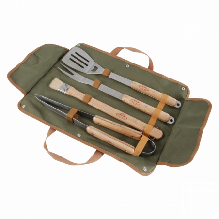 Trousse de 4 ustensiles pour barbecue - Toile, acier inoxydable, bois de frêne