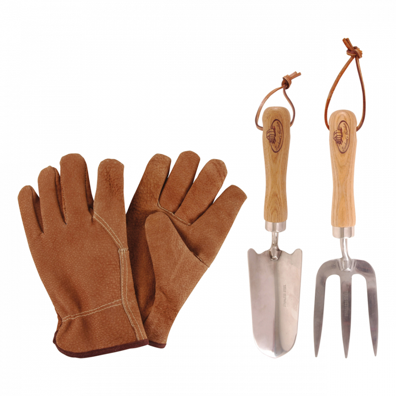 Set de 3 outils de petit jardinage - Pelle rateau et gants en cuir - Inox frêne et cuir