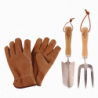 Set de 3 outils de petit jardinage - Pelle rateau et gants en cuir - Inox frêne et cuir
