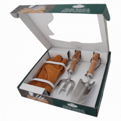 Set de 3 outils de petit jardinage - Pelle rateau et gants en cuir - Inox frêne et cuir