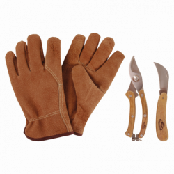 Set de 3 outils pour petits travaux d'élagage - Sécateur couteau d'élagage gants en cuir - inox, frêne et cuir