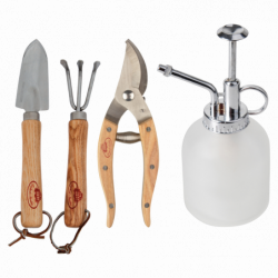 Set de 3 outils et un vaporisateur pour plantes d'intérieur - Acier inoxydable, bois de frêne, verre,