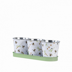 Trois pots sur plateau avec motif abeille - L 32 x P 10,6 x H 10,9 cm - Acier galvanisé