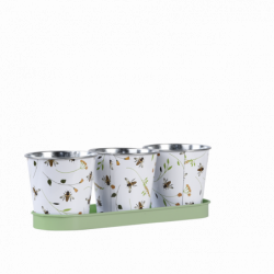 Trois pots sur plateau avec motif abeille - L 32 x P 10,6 x H 10,9 cm - Acier galvanisé