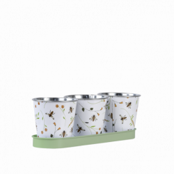 Trois pots sur plateau avec motif abeille - L 32 x P 10,6 x H 10,9 cm - Acier galvanisé