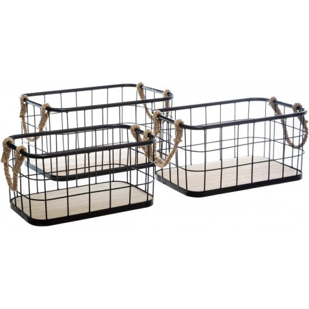 Set de 3 caisses cagettes filaires - Fond bois et anse tissées - Décoration industrielle