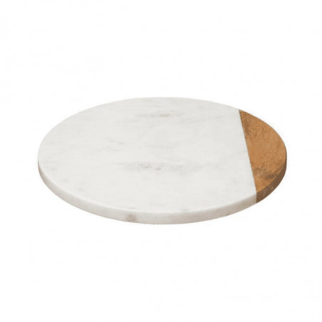 Plat tournant en marbre et bois de manguier - D. 30 x H. 3,8 cm - Blanc