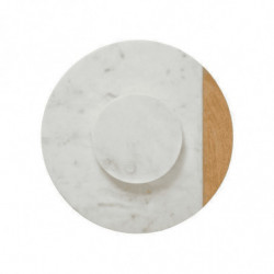 Plat tournant en marbre et bois de manguier - D. 30 x H. 3,8 cm - Blanc