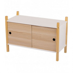 Meuble de rangement JUDY WILD DREAM - 2 portes coulissantes - 70 x 30 x H 46.5cm - Blanc et bois naturel