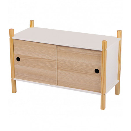 Meuble de rangement JUDY WILD DREAM - 2 portes coulissantes - 70 x 30 x H 46.5cm - Blanc et bois naturel