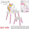 Coiffeuse avec miroir et tabouret JUDY WILD - Licorne - 60 x 45 X H 80 cm - Blanc et rose