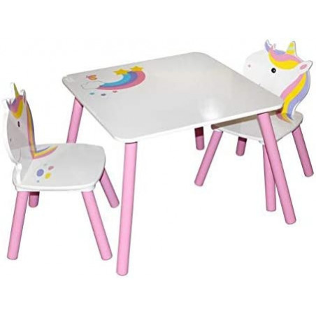 Ensemble table et 2 chaises JUDY WILD - Licorne - Table: 55 x 55 x H 42 cm, chaises: 28 x 28 x H 27/54cm - Blanc et rose