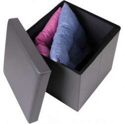 Pouf de rangement carré aspect cuir en PVC - 76 x 37, 5 x H 37,5 cm - Gris