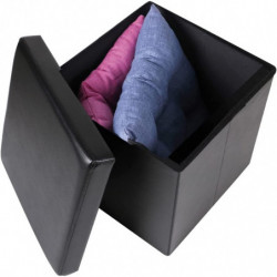 Pouf de rangement carré aspect cuir en PVC - 76 x 37,5 x H 37,5 cm - Noir