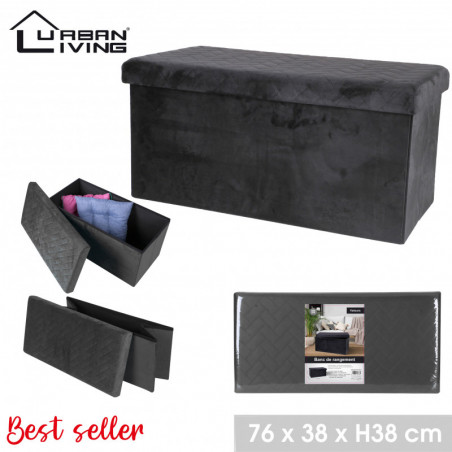 Banc de rangement pliable en velours - 76 x 38 x H 38 - Noir