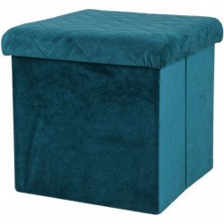 Pouf de rangement carré pliable en velours - 37.5 x H 37,5 cm - Bleu canard