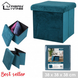 Pouf de rangement carré pliable en velours - 37.5 x H 37,5 cm - Bleu canard