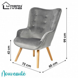 Fauteuil NOOR velours - Gris clair - Pieds en bois - 72 x 65 x H 42/99