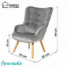 Fauteuil NOOR velours - Gris clair - Pieds en bois - 72 x 65 x H 42/99