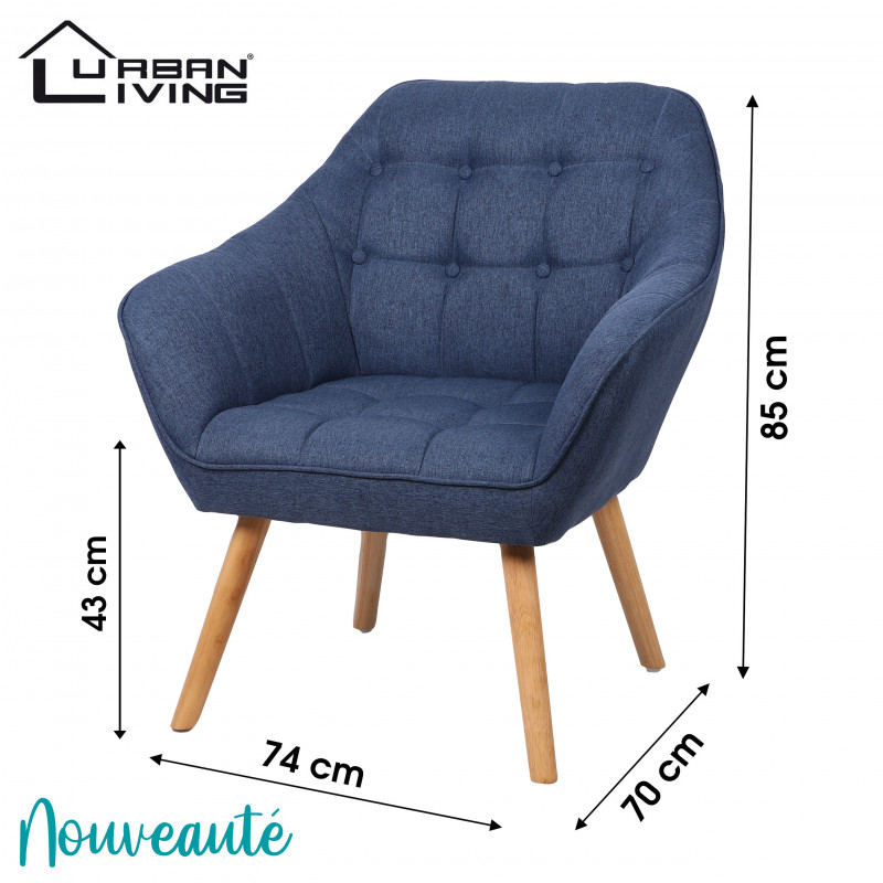 Fauteuil OLY tissu - Bleu Denim - Pieds en bois - 74 x 70 x H 43/85 cm