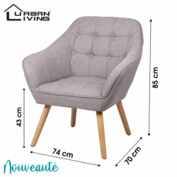 Fauteuil OLY tissu - Gris clair - Pieds en bois - 74 x 70 x H 43/85 cm