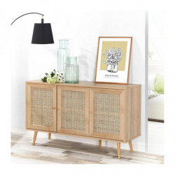 Buffet BALI sur pieds 3 portes - Cannage rotin - Effet bois clair - 120 x 39 x H 70cm