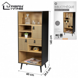 Bibliothèque CHELSEA décorée poignées effet cuir - Bois clair et noir - 60 x 40 x H 140 cm