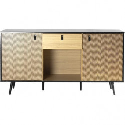 Buffet CHELSEA décoré avec poignées effet cuir - Bois clair et noir - 150 x 40 x H 78 cm