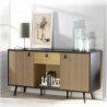 Buffet CHELSEA décoré avec poignées effet cuir - Bois clair et noir - 150 x 40 x H 78 cm